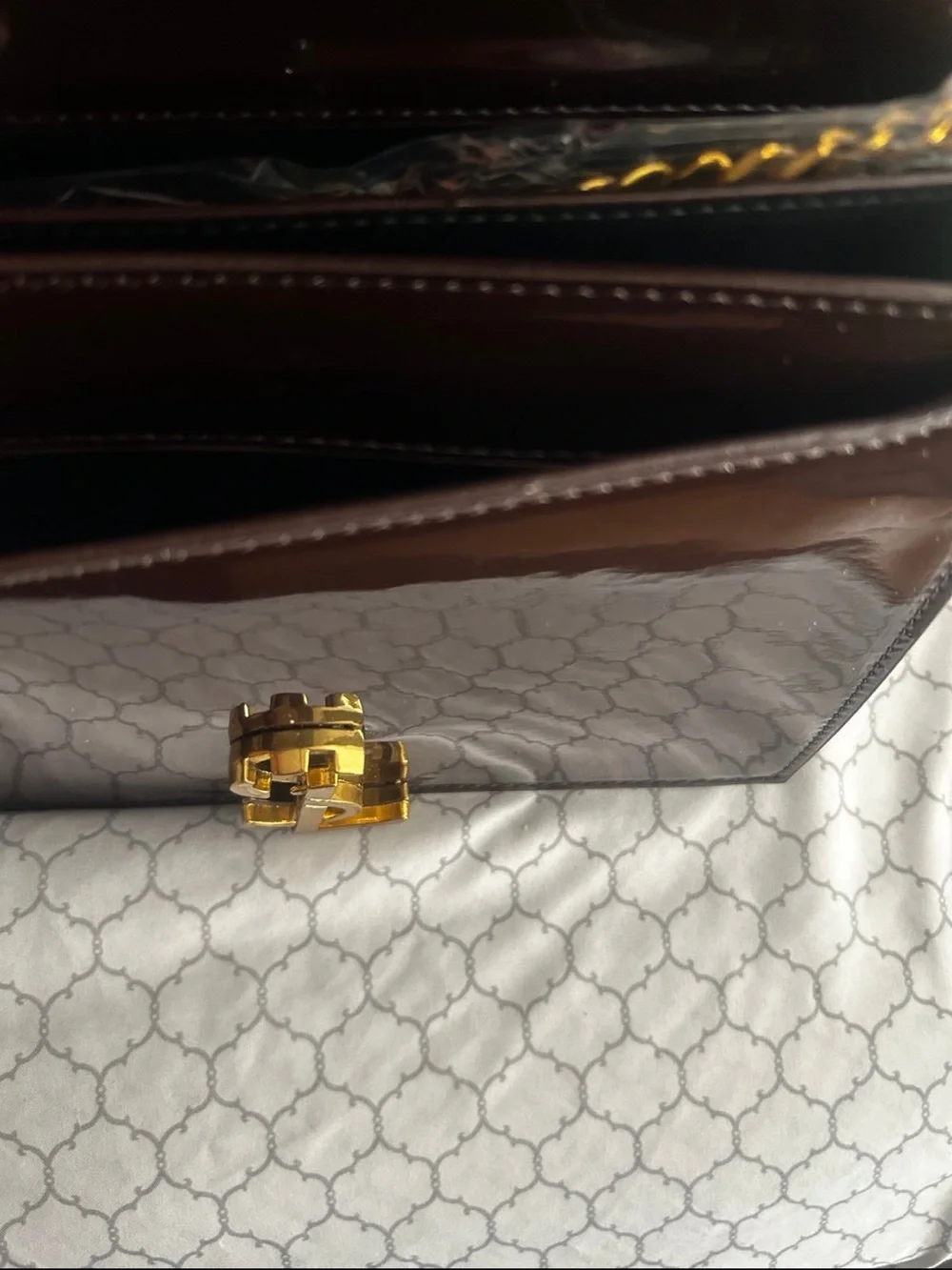 Brown Patent Envelope Shoulder Bag with Gold Chain - Picture 5 of 6